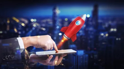 Hand mobile phone and the rocket in digital environment