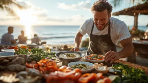 a young man cooking by the sea
